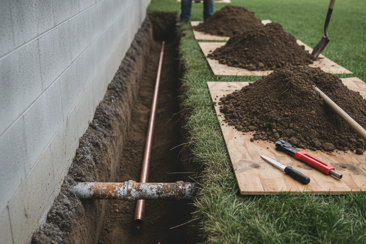 Excavated water line trench during Sewer Line Repair in Woodacre